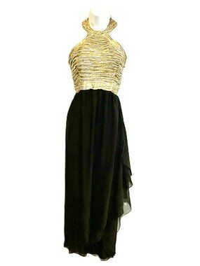 Vintage Stanley Platos Black Gold Beaded Halter Evening Dress Size 8 USA